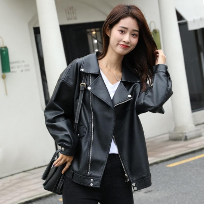 Early Autumn New Style Leather Jacket for Women Korean Style Short Solid Color Long Sleeve Lapel Pu Leather Jacket for Women Casual Motorcycle Wear 2XL