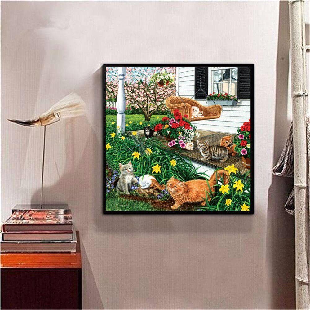 Diamond Embroidery Animal Cross Stitch Full Diamond Mosaic Courtyard Kittens DIY Diamond Painting 30x30CM