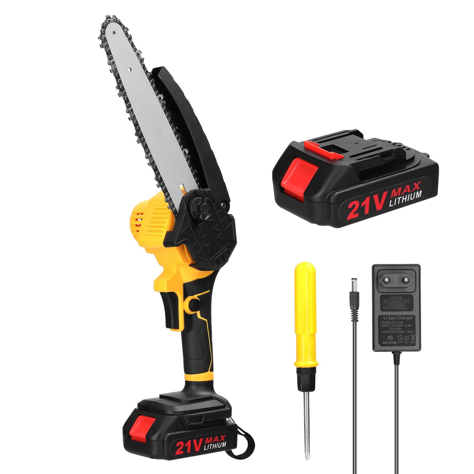 21V 8inch Portable Electric Pruning Saws Small Wood Splitting Chainsaw Brush Motor One-handed 2pcs batteries EU Plug multicolour