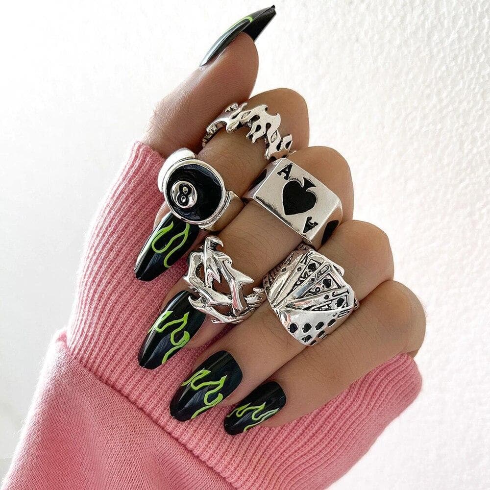 Punk Vintage Silver Color Poker Billiards Ring Set for Women Gothic Heart Hip Hop Y2k Korean Fashion Male Gift Jewelry 54404
