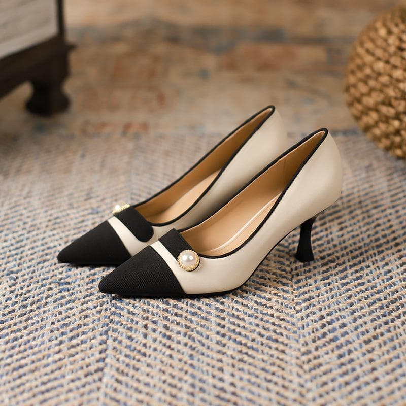 Pearl Color Matching Pumps Women's New Pointed Stiletto Heel High Heels French Commute Work Women's Shoes 38