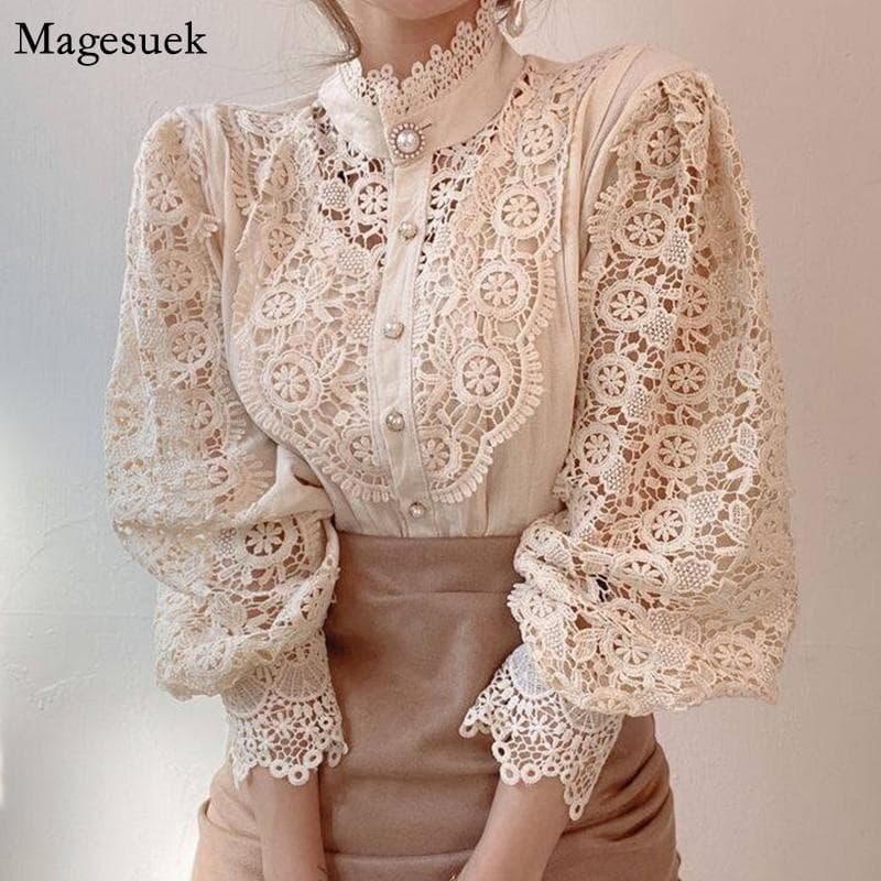 Vintage Solid White Lace Blouse Shirts Women Korean Button Loose Shirt Tops Female Hollow Casual Ladies Blouses 12928 XXL apricot