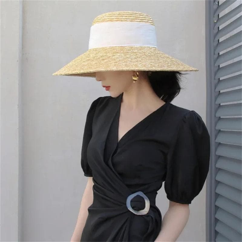 Summer straw hat pearl pin women's summer seaside sunshade hollow groove flat top straw hat sombrero M55-58cm