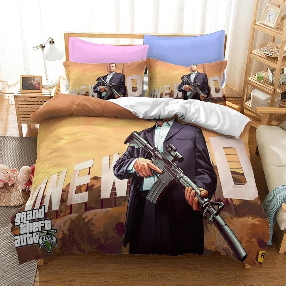 3D Cartoon Game Grand Theft Auto Duvet Cover with Pillow Cover Bedding Set Single Double Twin Full Queen King Bed Set Room Decor EU Single 135x200cm