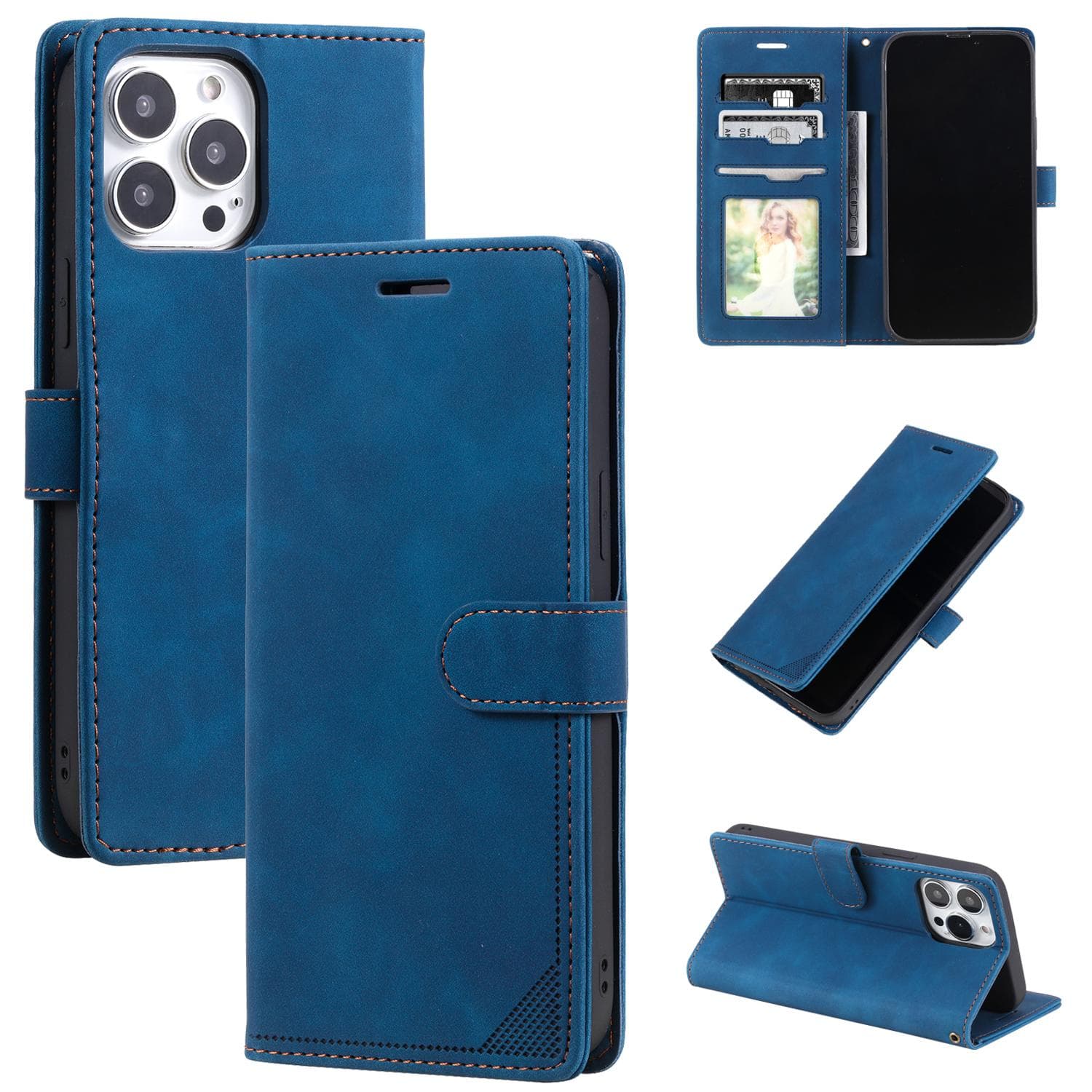 Retro Leather Flip Cover Business Magnetic Wallet Phone Case for iPhone 15 14Plus 13 12 11 Pro Max XSMAX for Samsung S24 S23 S22 S21Ultra Plus A14 A54 iPhone 15 blue