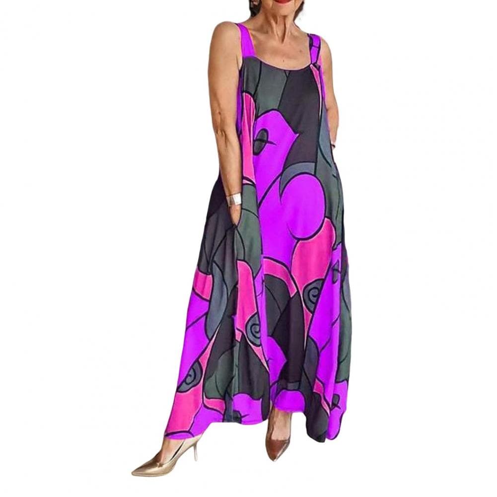 Women Summer Sundress Sleeveless A-line Colorful Print Side Pockets Big Hem Ankle Length Vacation Beach Maxi Dress M purple