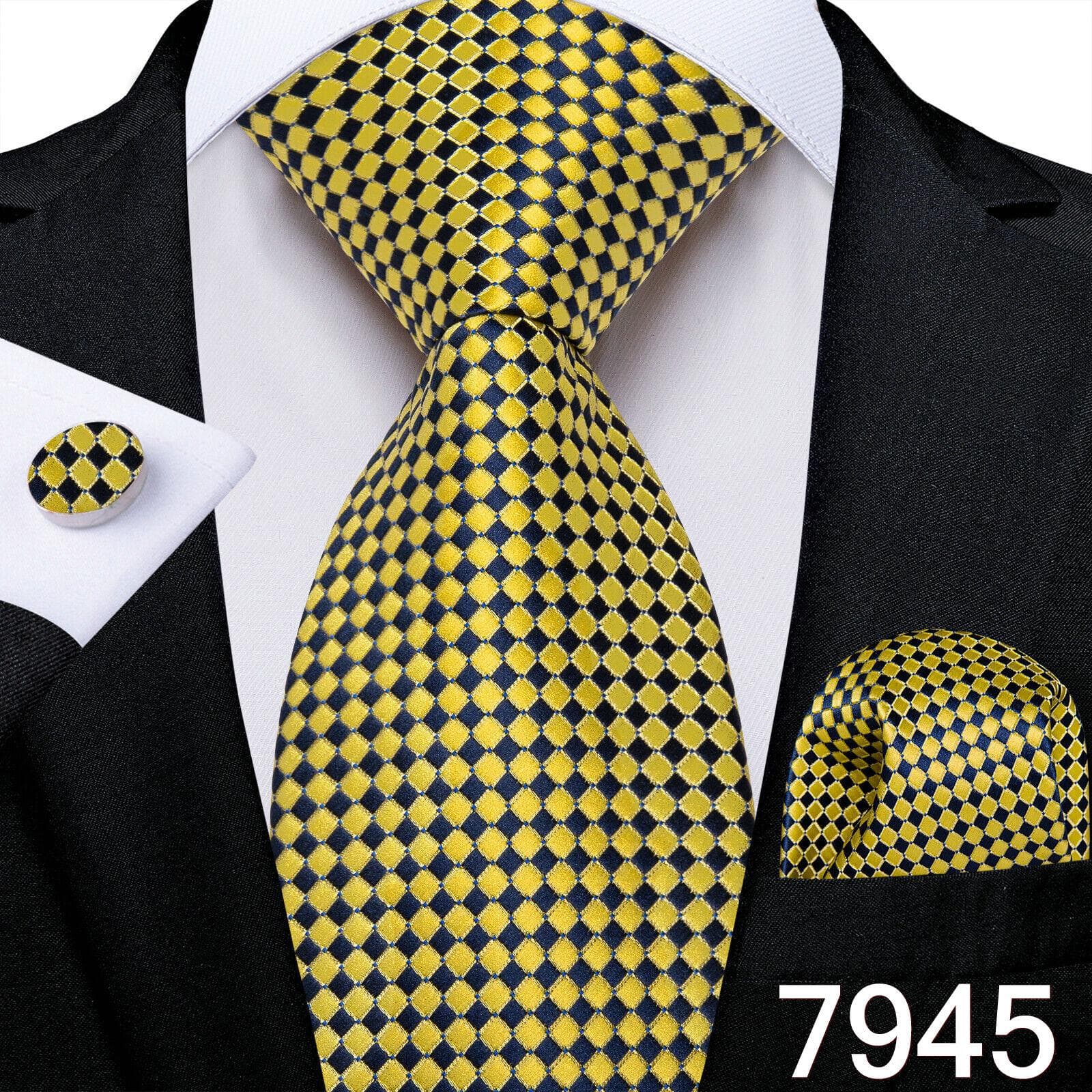 Luxury Gold Yellow Men's Necktie Set Striped Paisley Ties Silk Hanky Cufflinks for Business Set N-7945