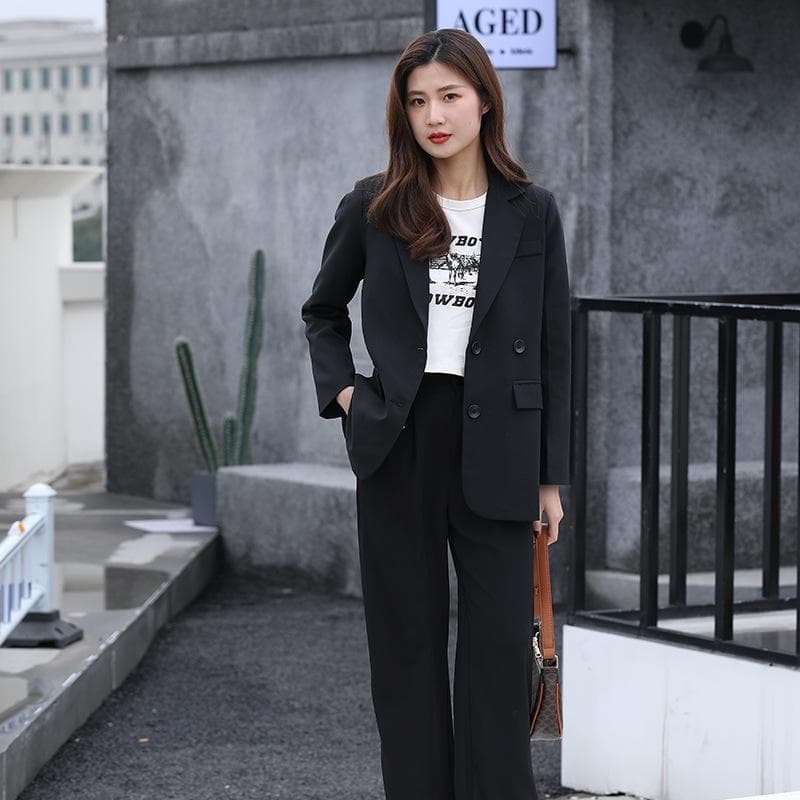 Autumn Korean Style Women's Double-breasted Black Slim-fitting Blazer for Women Autumn Casual Blazer for Women 2XL