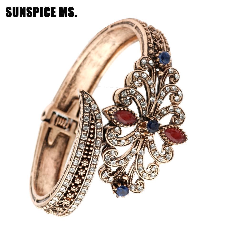 Retro Vintage Turkish Women Flower Bangle Antique Gold Color Spring Cuff Bracelets Indian Gray Stone Wedding Jewelry 5.0 blue