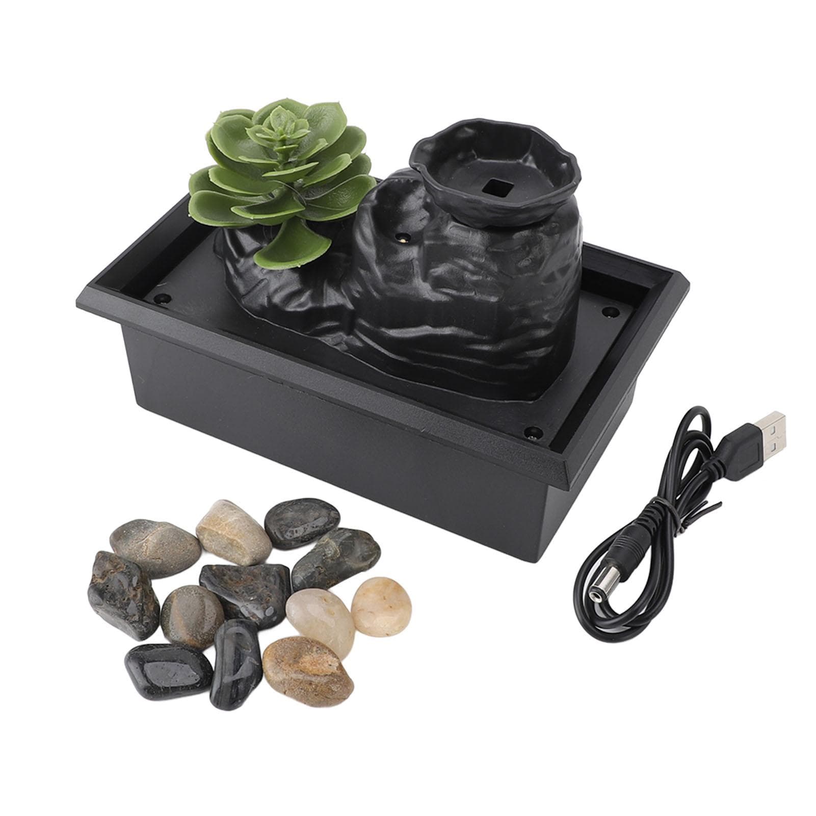 Tabletop Waterfall Fountain with LED Yellow Lights Simulated Succulent Circulating Flowing Water