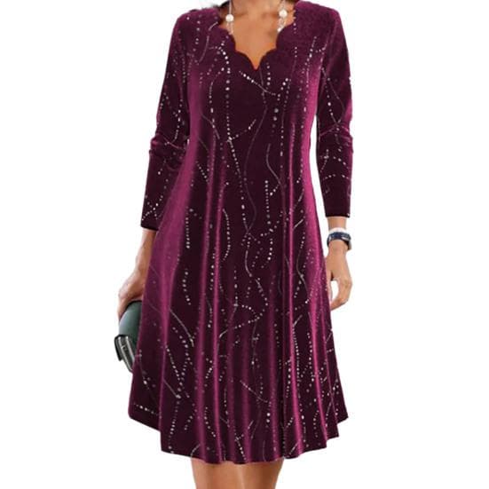 Women Dress Flower Edge V Neck Long Sleeve A-line Loose Sequin Soft Pullover Knee Length Commute Party Prom Midi Dress 2XL red