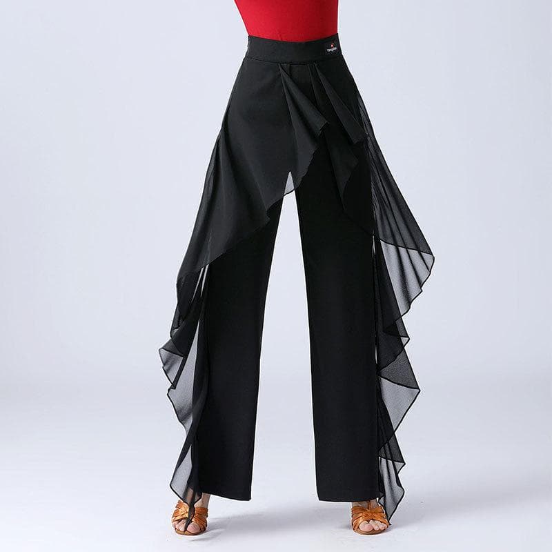 Women's High Waist Ruffled Wide-Leg Latin Dance Pants Modern Dance Pants XL black