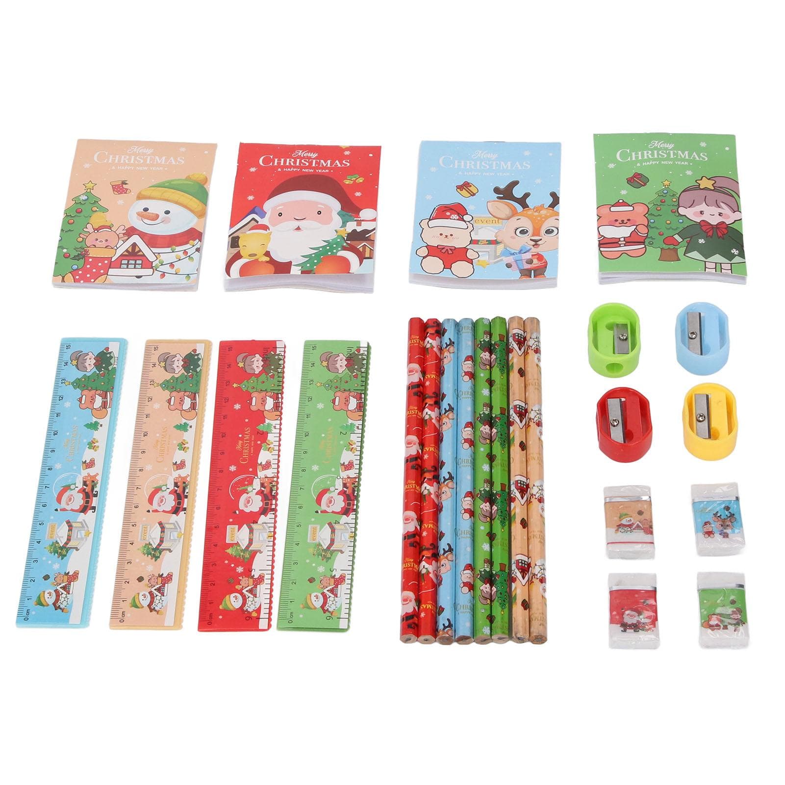 4 Set Xmas School Stationery Set 2Pcs Pencil Ruler Eraser Sharpener Set for Students Party Favors