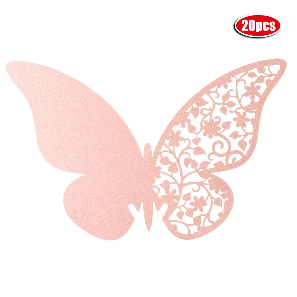 20pcs Butterfly Shape Wedding Hollow Name Place Cards For Wine Glass Table Decoration(Pink) pink