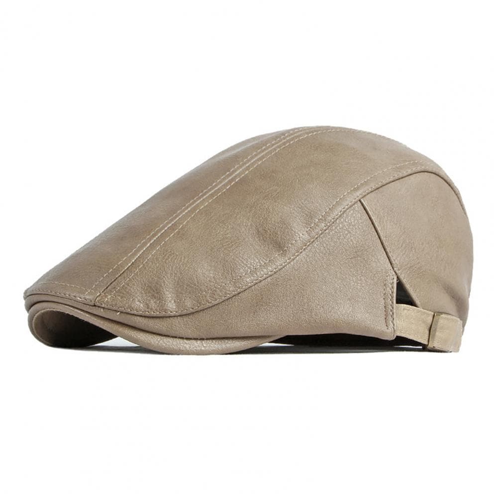 Men Advanced Hat Retro Faux Leather Retro British Style Solid Color Firm Stitching Windproof Thicken Warm Beret Newsboy Cap khaki