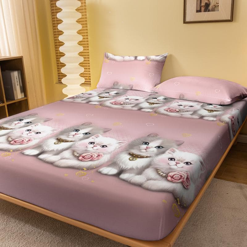 1 Cartoon Animal Little Cat Printed Matte Fitted Sheet, Bedroom Printed Bed Cover, Bedding (Excluding Pillowcases) 71x132cm