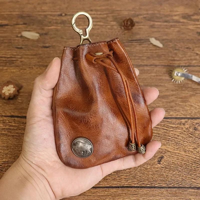 Retro Genuine Leather Bag Coin Purse Drawstring Key Wallets Fashion Women Men Housekeeper Card Key Holders Mini Purse Coin Pouch brown