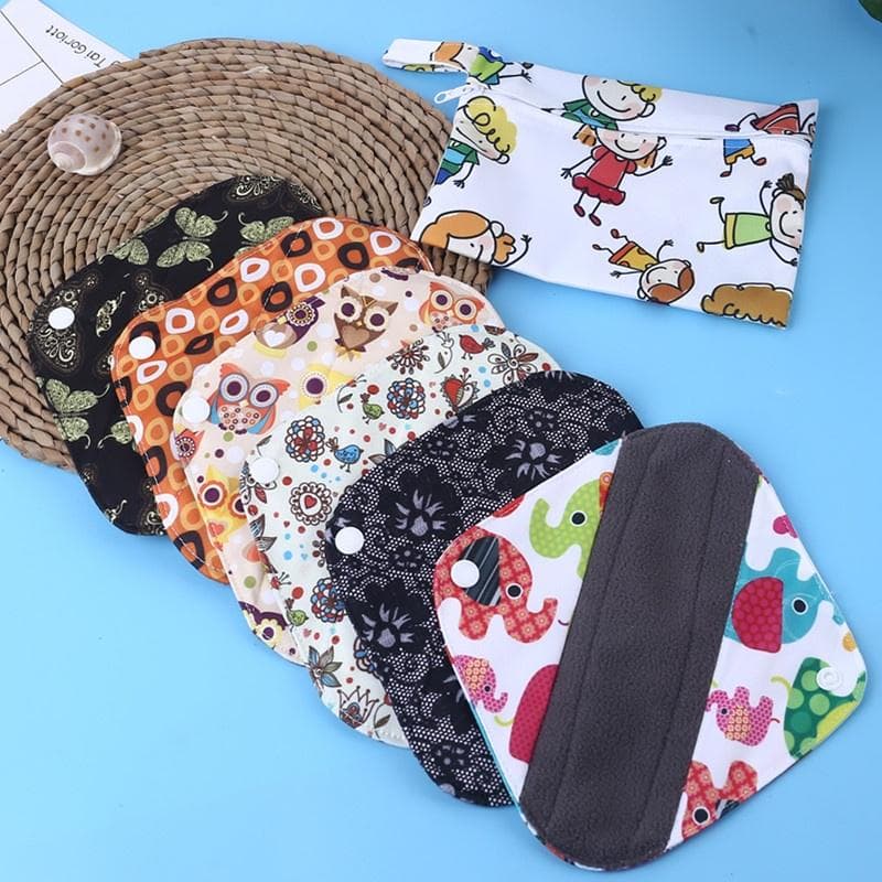 Reusable 6+1set Women Panty Liners Set Bamboo Charcoal Daily Use Sanitary Pads Mama Menstrual Pads One Size