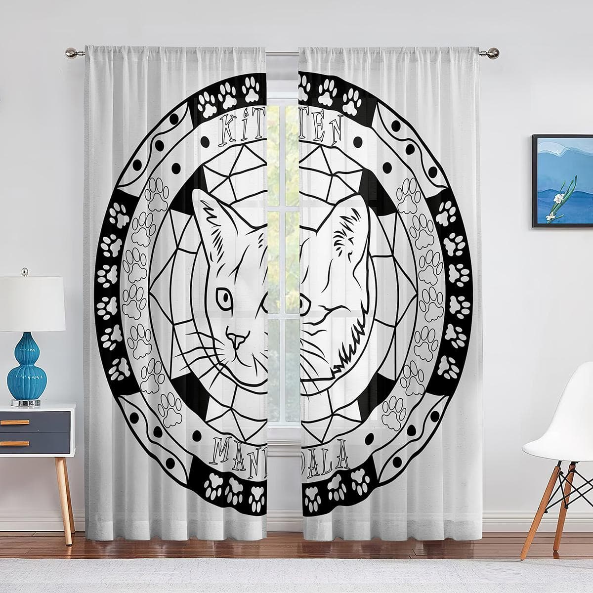 Mandala Yellow Flowers Bright Geometry Pattern Sheer Voile Curtains for Living Room Bedroom Window Transparent Tulle Curtains 1 PCS W100XH250cm&Grommet Top
