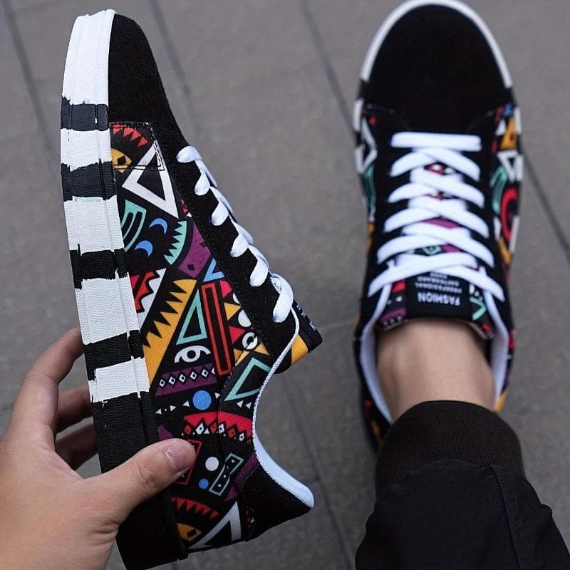 Trendy Men's Graffiti Skate Shoes - Lightweight, Breathable, Anti-Skid, Comfy Sneakers With Platform Soles 42 black