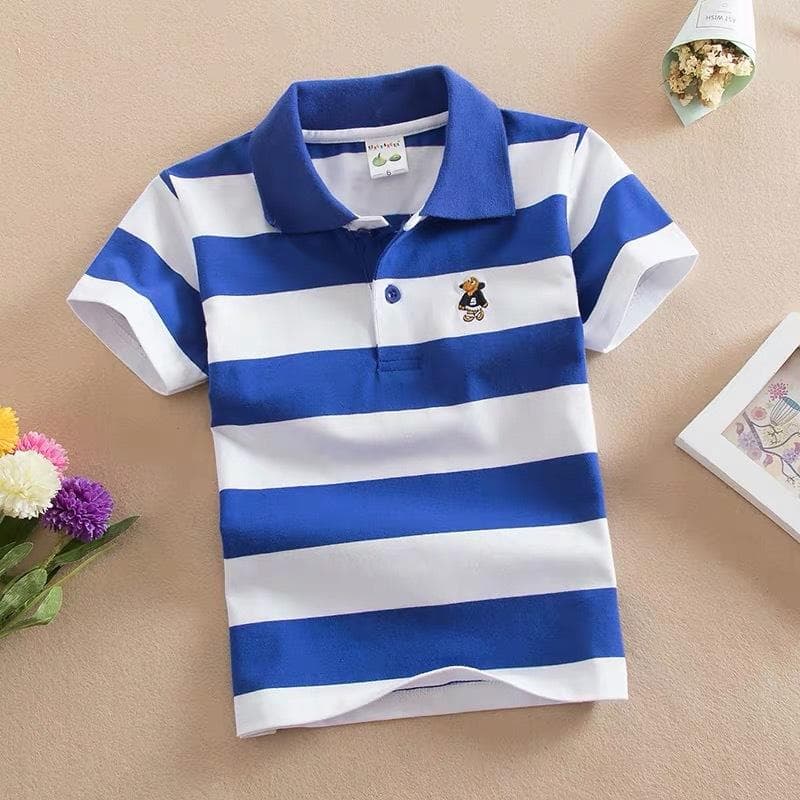 Children's Short Sleeved Summer Children's Wear Middle and Large Children's T-shirt Cotton Stripe Polo Shirt 110cm light blue
