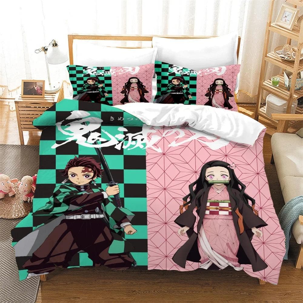 3D Kamado Tanjirou Kamado Nezuko print Cartoons custom bedding set, Demon Slayer Cartoons duvet cover set full queen king EU Single 135x200cm