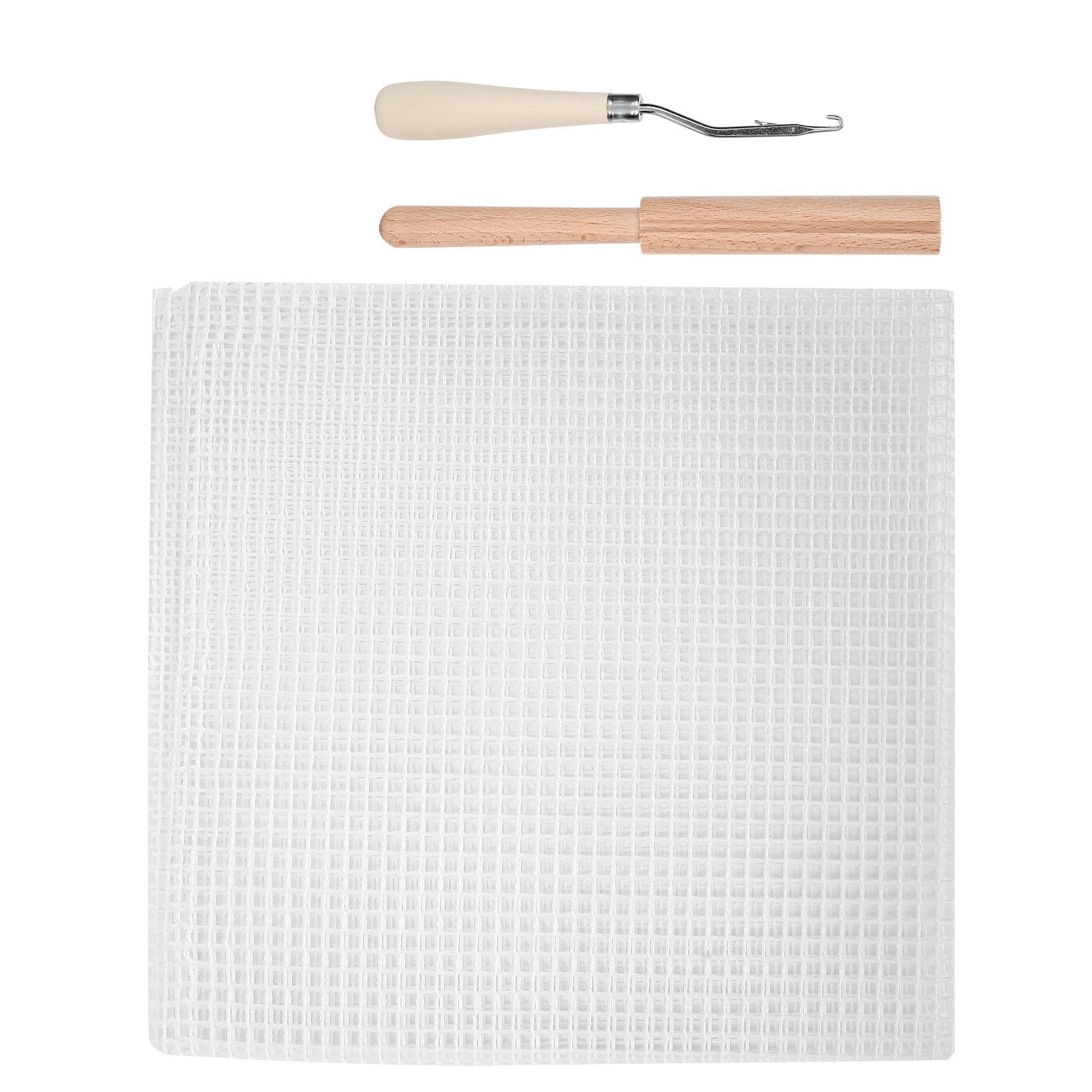 Mesh Fabric DIY HandMade Carpet Woven Grid Cloth Material 50x50cm Wooden Handle Crochet