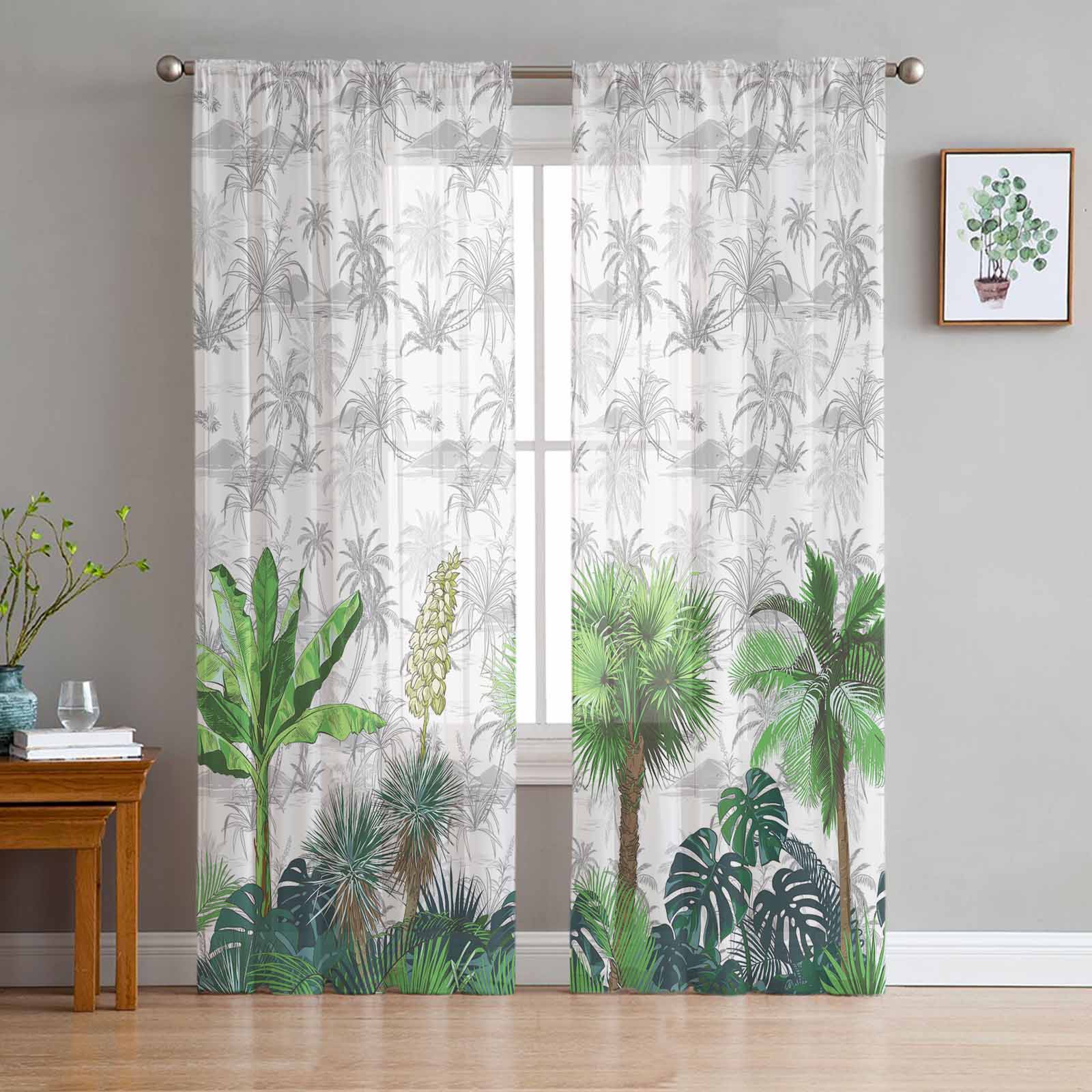 Summer Hand Drawn Tropical Plants Window Tulle Curtains for Living Room Bedroom Hotel Luxury Decoration Sheer Curtains 135W x 114H(cm)