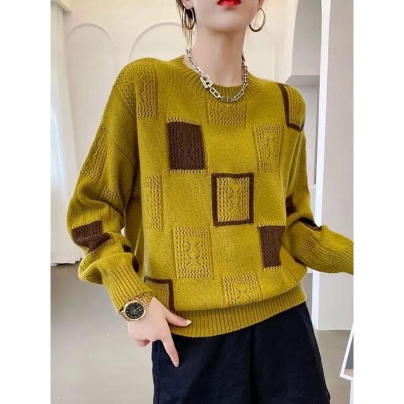 Color Blocked Checkered Knitted Sweater Top for Women In Spring and Autumn Thin Style Retro Round Neck Mohair Sweater L yellow