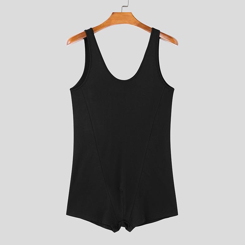 INCERUN Mens Lapel Jumpsuits Sleeveless Buttons Romper Briefs Bodysuits S black