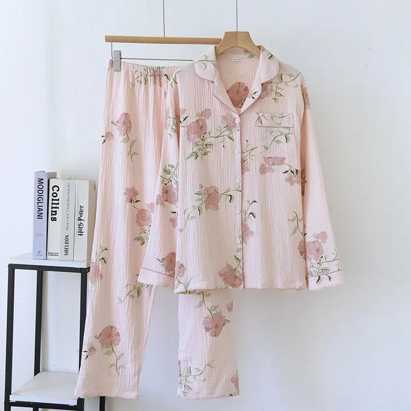 New Spring and Autumn Women's Pajama Set 100% Cotton Crepe Long Sleeve Long Pants Two Piece Home Clothing Set Sleepwear 2XL