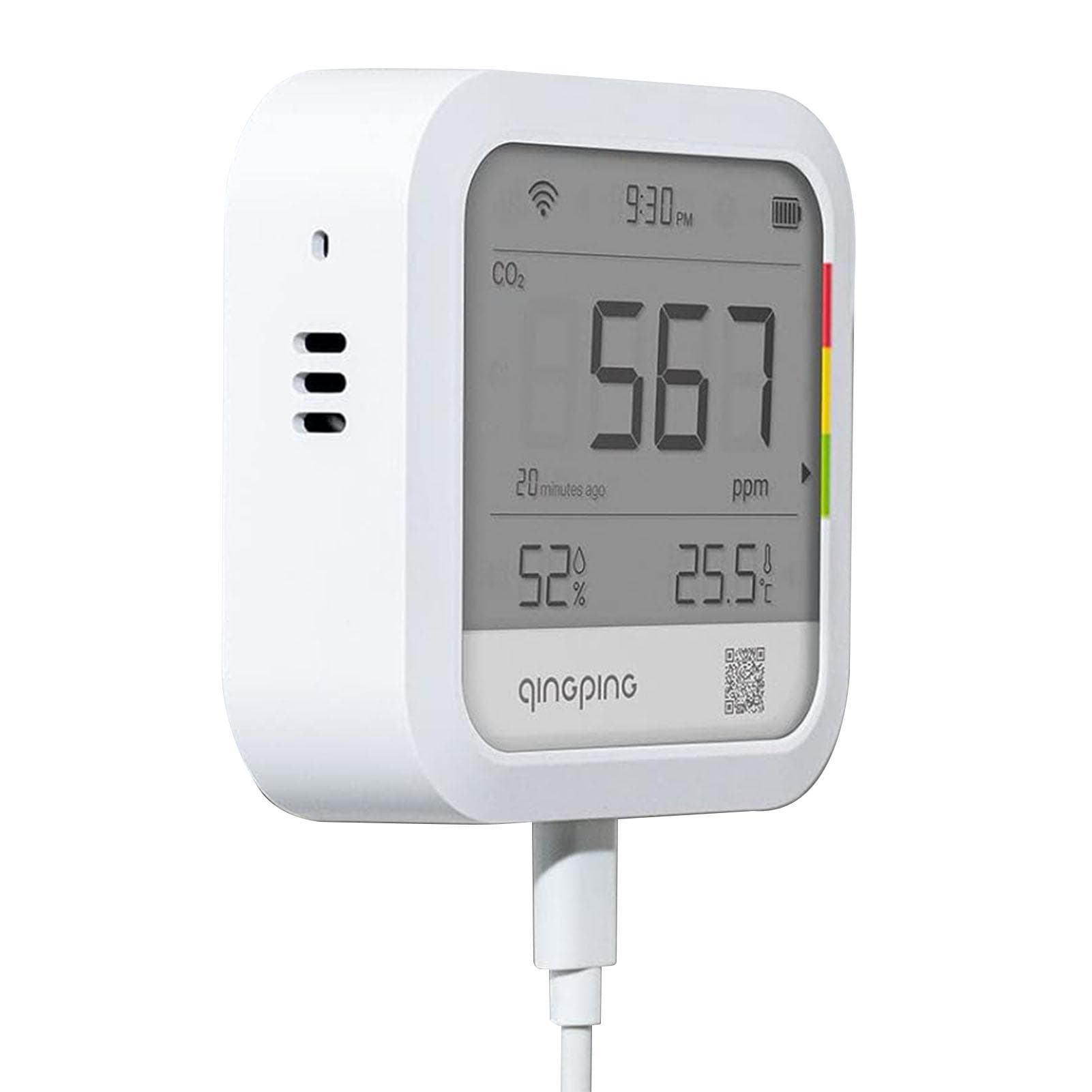 CO2 Detector Temperature and Humidity Monitor for Indoor Plug in Wall Factories Warehouses Shopping white