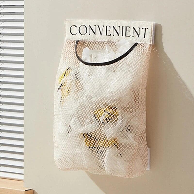 Wall Mount Mesh Storage Bag Garbage Bag Holder Plastic Shopping Bags Dispenser Sundries Bag net Storage Grocery Bag Organizer 25x36x4cm beige