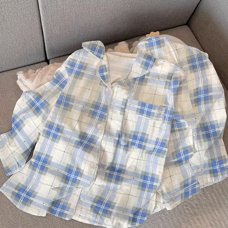 Blue PlaidAutumn Winter Women Pajamas Elegant Harajuku Sleepwear New Long Sleeve Milk Silk Home Set XXL blue