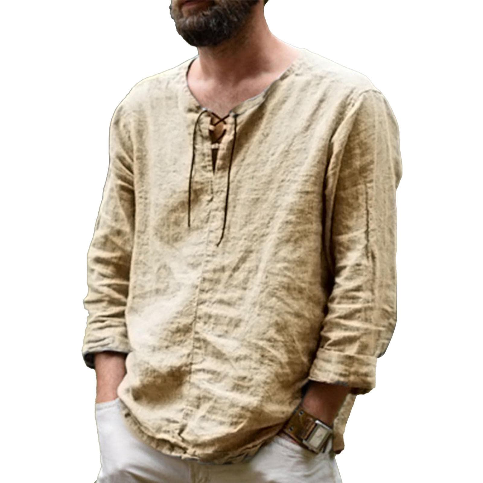 Men Cotton Linen Shirt Autumn Fashionable Casual Loose Drawstring Men Long Sleeve Pure Color T S(for 2-4kg) khaki