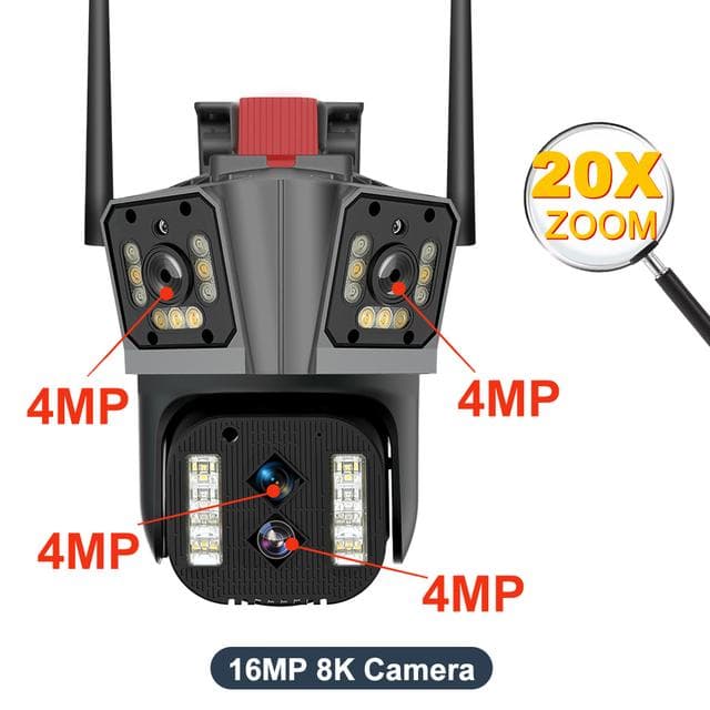 10K 20MP WiFi IP Camera 20X Zoom Four Lens Three Screen PTZ Cameras Outdoor 16MP 8K Video Surveillance Cam CCTV Security Camera 16MP 8K Camera