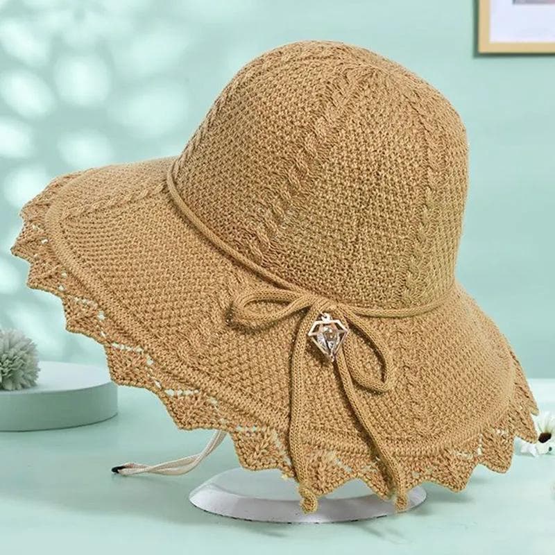 Collapsible Summer Hat for Women Beach Outdoor Straw Hat Large Brim Sunshade Bow Sun Hat khaki