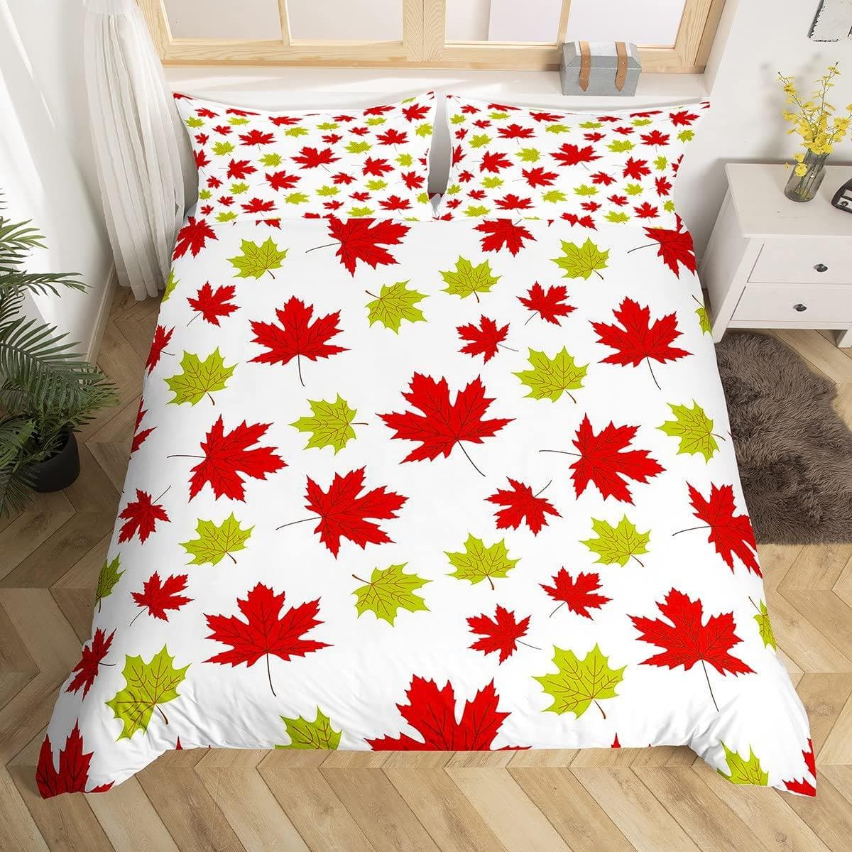 Maple Leaf Duvet Cover King Canada National Flower Bedding Set Autumn Plant Fallen Leaves Comforter Cover Botanical Weed Bed Set EU single(135x200cm)