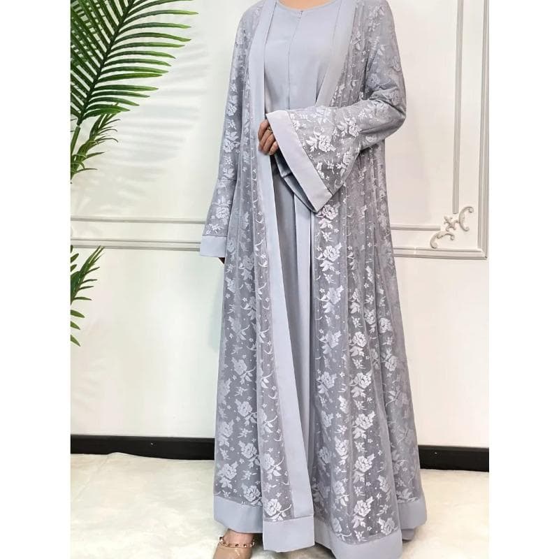 Ramadan Eid Prayer Lace Abaya 2 Piece Set Inner Dress Women Flare Sleeve Long Abayas Kaftan Djellaba Dubai Party Vestidos 2024 L light grey