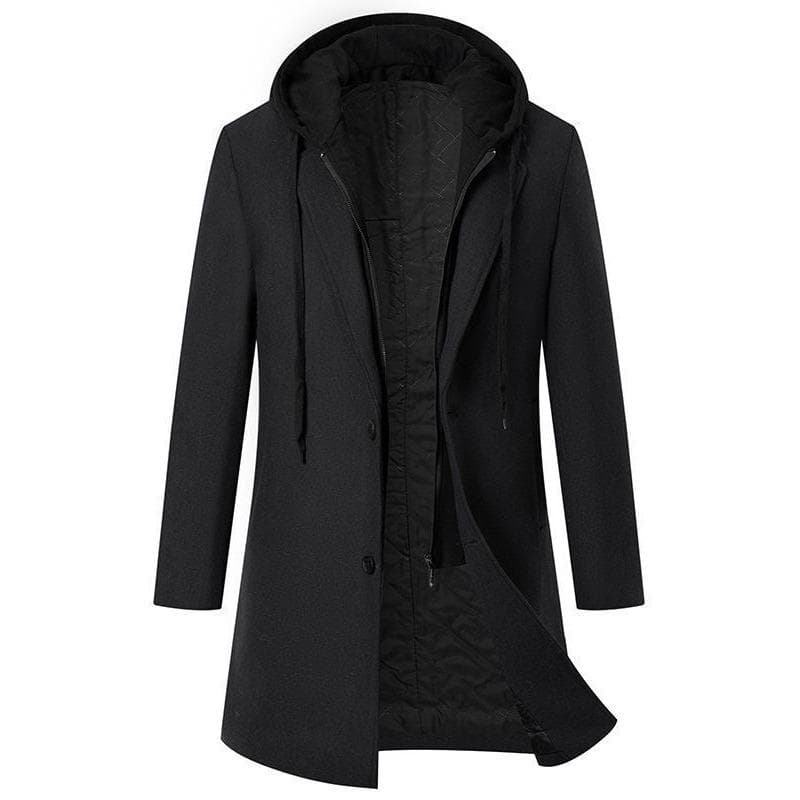 Autumn and Winter Thickened Hooded Fake Two-piece Mid-length Woolen Coat with Cotton Solid Color Slim Windbreaker Jacket 3XL