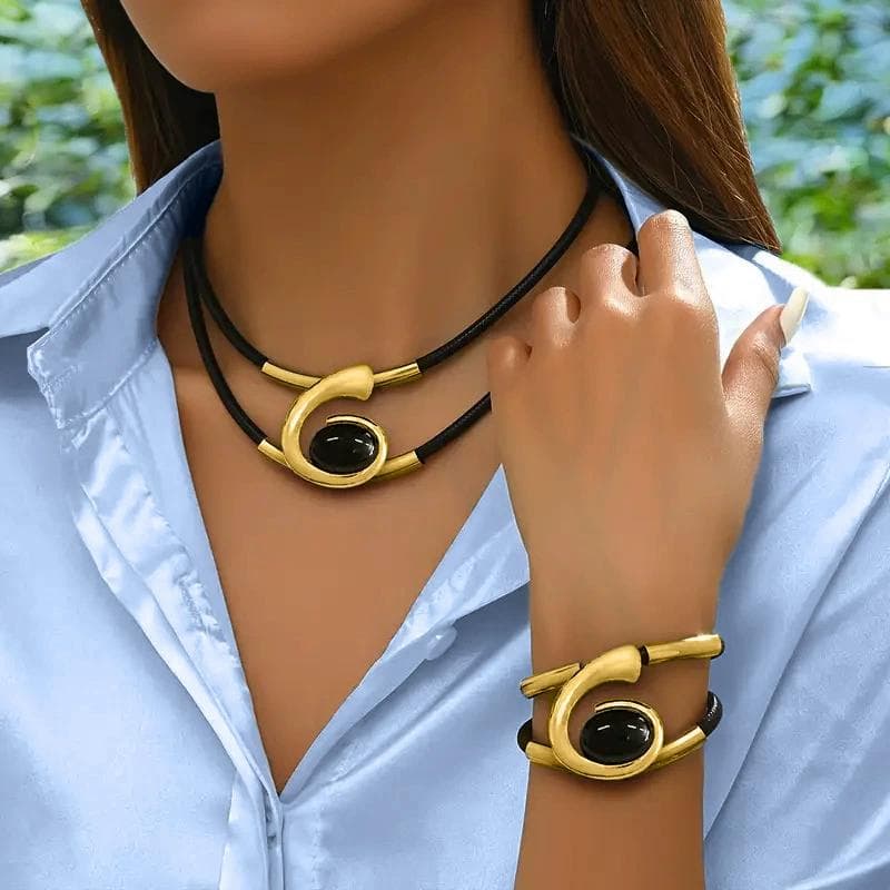 Bohemian Hand-Woven Leather Bracelet with Alloy Magnetic Clasp - Fashionable Women's Accessory Elegant Necklace and Bracelet Set for Women Gift gold