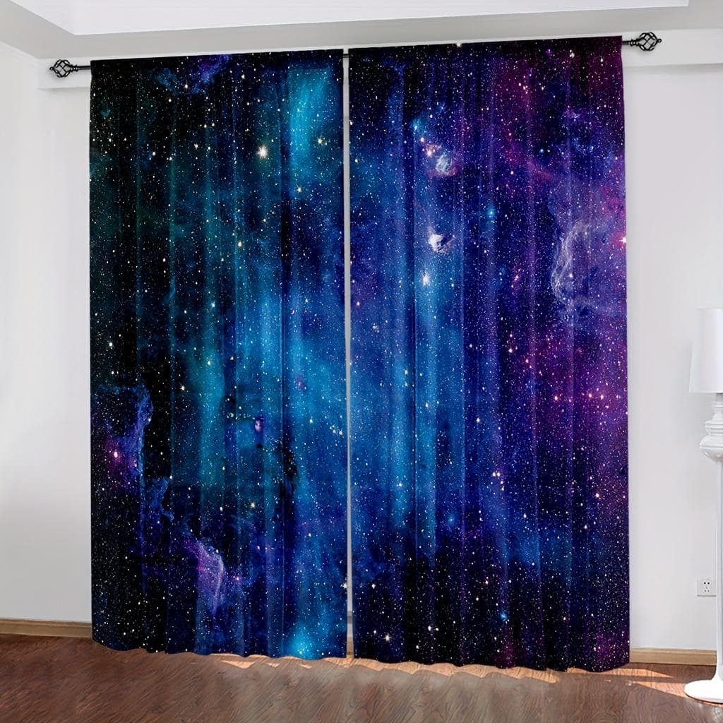 2pcs Galaxy Shining Stars Curtains,Rod Pocket Outer Space Starry Sky Star Printed Curtains,Window Drapes For Living Room Kitchen W60X150H(cm)x2Pcs&Grommet Top