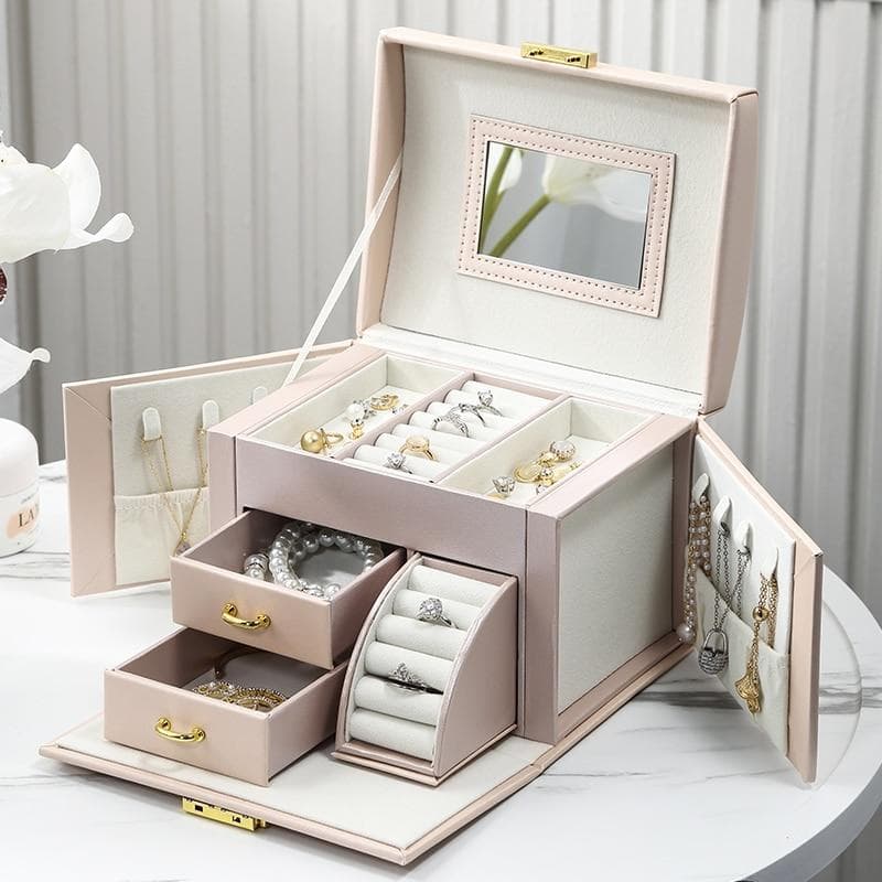 Large Jewelry Box Organizer Girls PU Leather Drawer Jewellery Boxes Earrings Ring Necklace Jewelry Storage Case Casket 17.5*14*13cm pink
