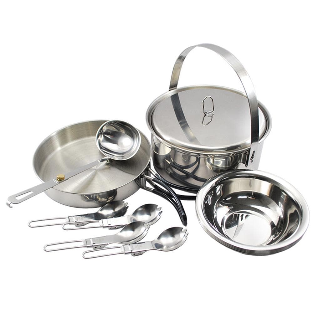 Camping Cookware Mess Kit for 4 Persons Stainless Steel Cooking Set with Pot Pan Soup Spoon Bowls silver