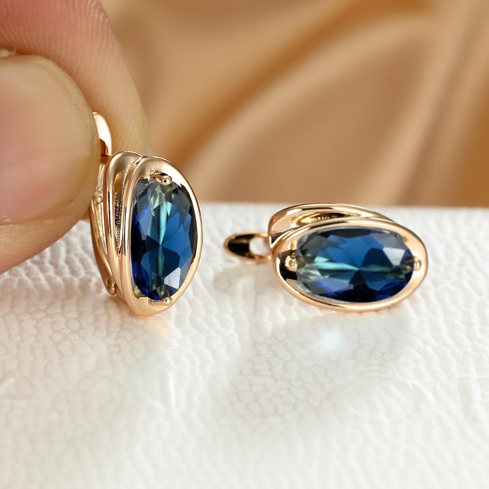 Luxury Gold Color Clip on Earrings Oval Cut Aqua Blue Stone Earrings Drop Dangle Hook Earrings Jewelry blue
