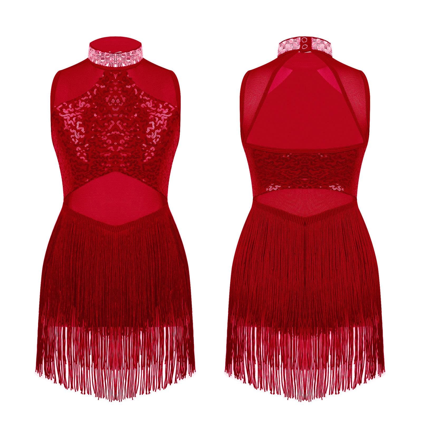 Kids Girls Dance Leotard Sleeveless Mesh Patchwork Sequins Tassel Hem Bodysuit for Latin Jazz Dance 11-12 Years burgundy
