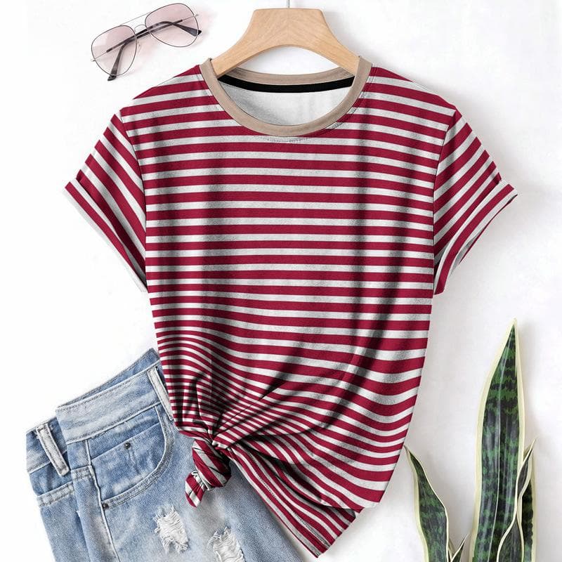 Striped Casual Sports Women's T-shirt Summer Round Neck Short Sleeved Element Pattern Checkered Loose Fit T-shirts 2XL