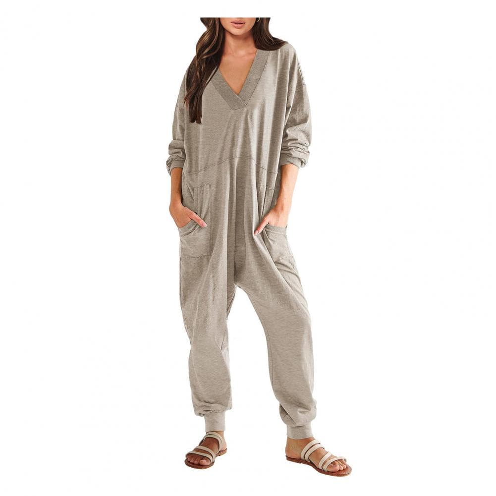 Women Fall Winter Jumpsuit V Neck Long Sleeve Loose Oversized Solid Color Pockets Deep Crotch Baggy Ankle-banded Soft Lady Pajam S khaki