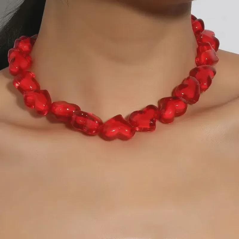 European-American Acrylic Red Heart Bead Necklace Jewelry red