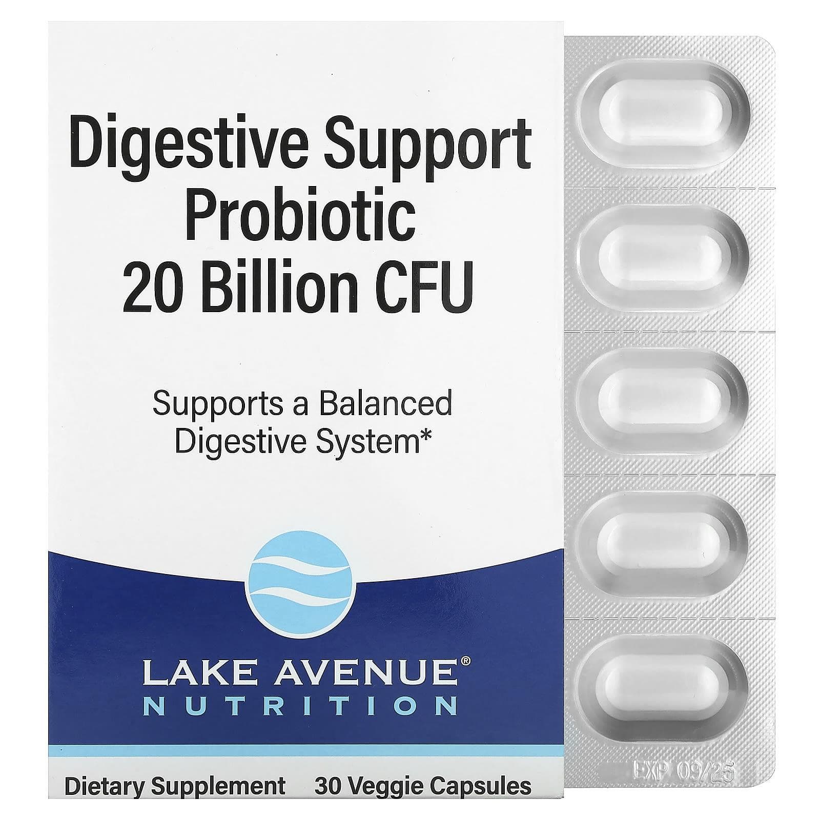 Lake Avenue Nutrition, Digestive Support Probiotic, Probiotic and Prebiotic Blend, 20 Billion CFU, 30 Capsules
